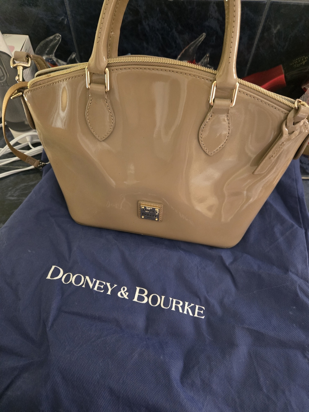 Dooney & Bourke Patent Leather Satchel in Taupe